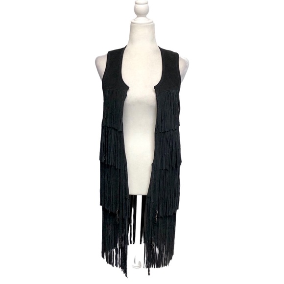 True Religion Black Leather Vest Mid Length Metal Bead Fringe Festival Boho - Picture 2 of 12